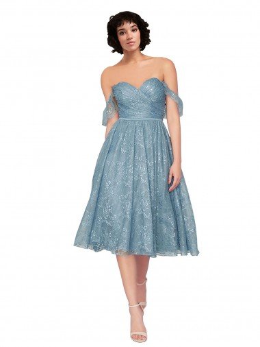 Outlet Off the Shoulder Sweetheart Chantilly Lace Midi Length Cocktail Bridesmaid Dress