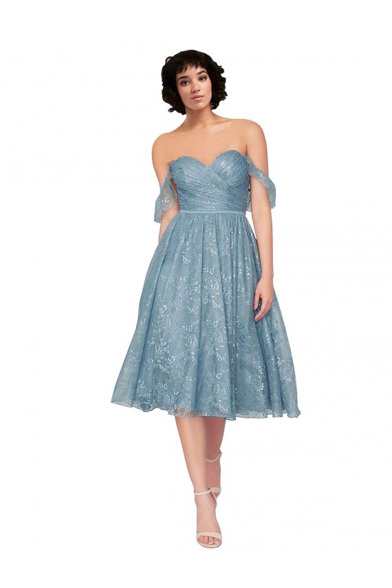 Outlet Off the Shoulder Sweetheart Chantilly Lace Midi Length Cocktail Bridesmaid Dress
