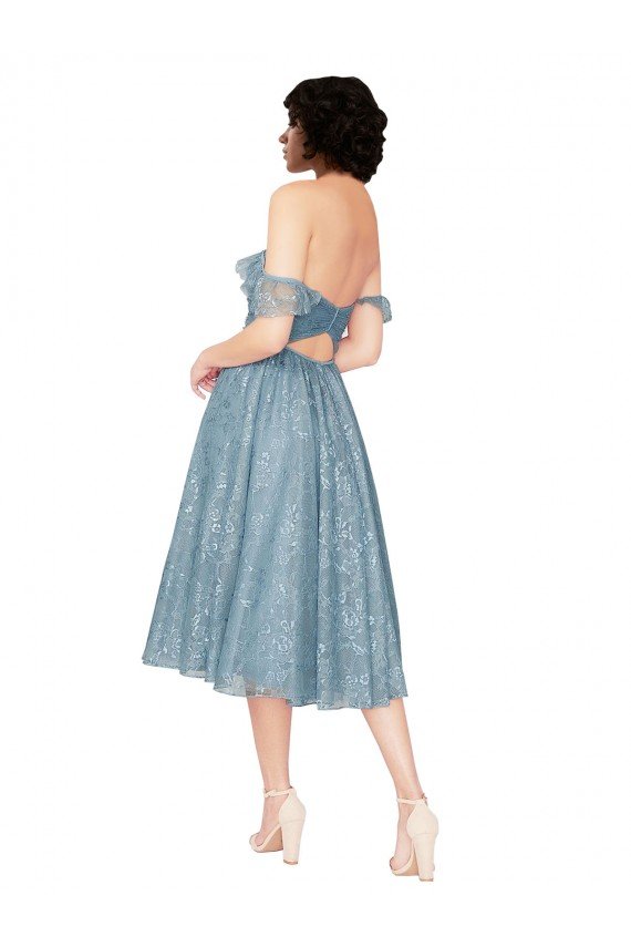 Outlet Off the Shoulder Sweetheart Chantilly Lace Midi Length Cocktail Bridesmaid Dress