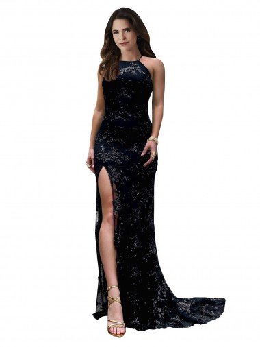 Outlet Formal High Neckline Lace Open Back Bridesmaid Dress / Prom Dress with High Slit