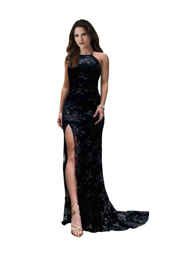 Outlet Formal High Neckline Lace Open Back Bridesmaid Dress / Prom Dress with High Slit