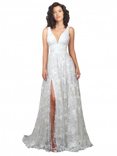 Outlet Plunging V-Neckline Wedding Dress with Slit