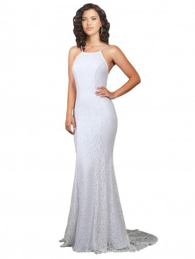Outlet High Neck Backless Lace Wedding Dress with Plunging Low Back