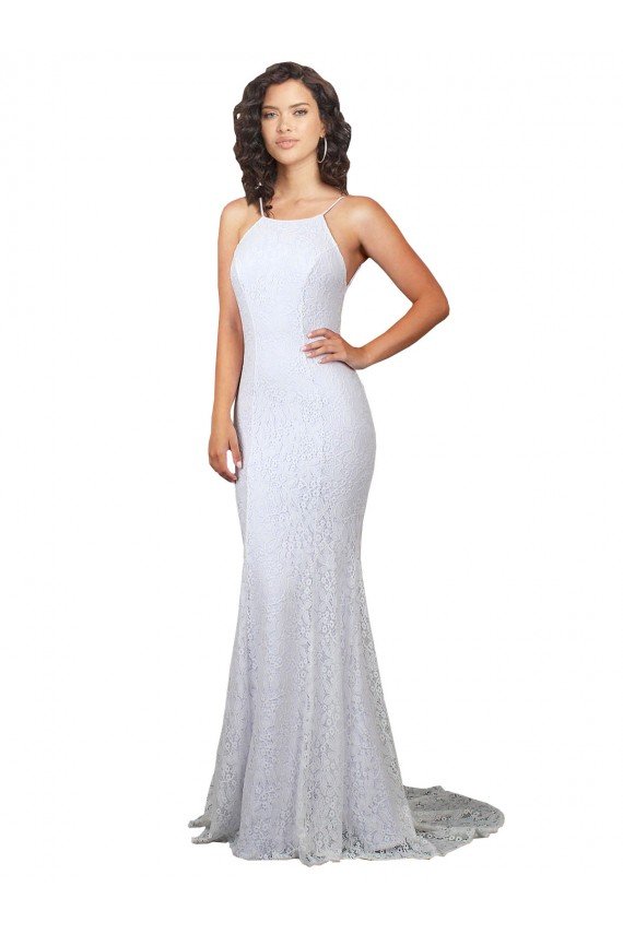 Outlet High Neck Backless Lace Wedding Dress with Plunging Low Back