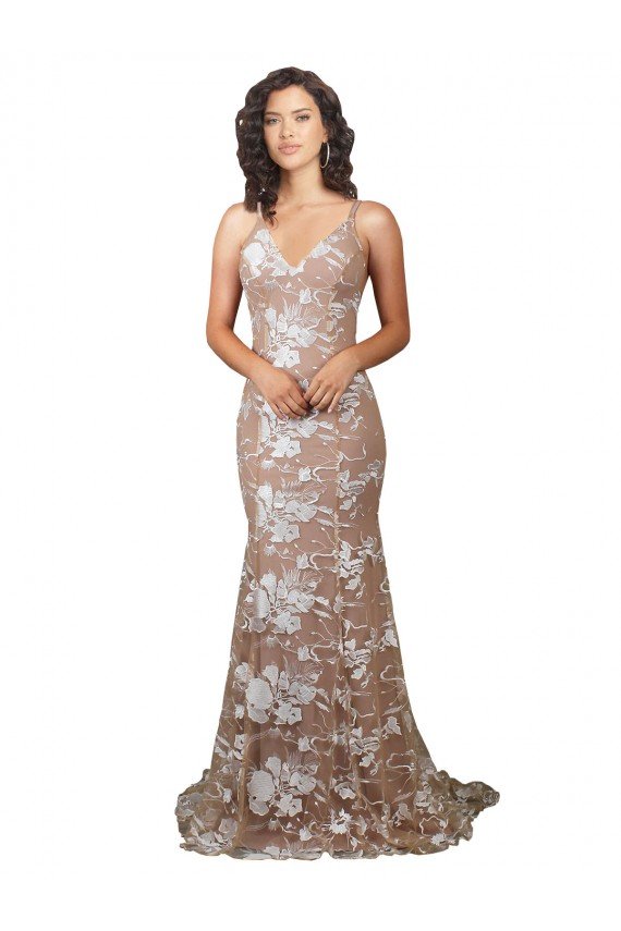 Outlet Fishtail Shaped V-Neck Embroidered Foral Lace Wedding Dress
