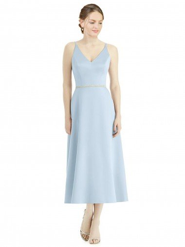 Outlet Short Tea Length V-Neck Satin Bridesmaid Dress