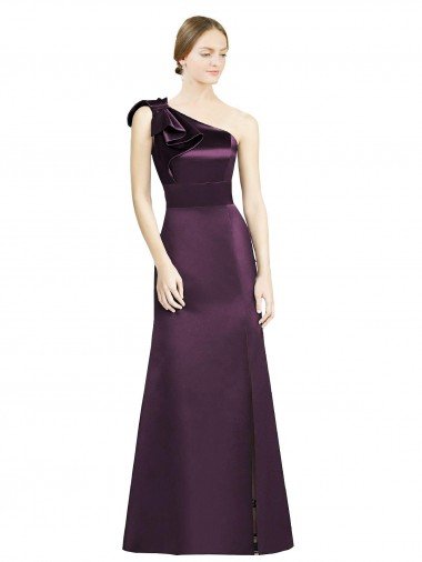 Outlet Full Length One Shoulder Satin Bridesmaid Dress with Bow Shoulder Detail