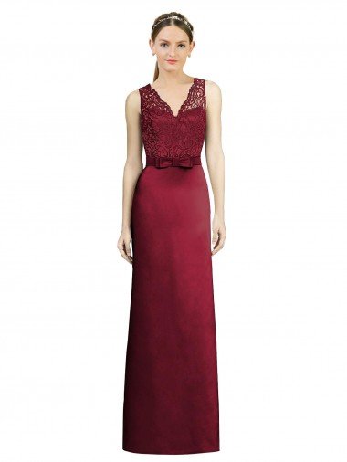 Outlet Full Length Sleeveless Satin Bridesmaid Dress with Lace Bodice