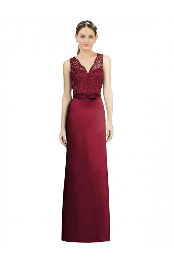 Outlet Full Length Sleeveless Satin Bridesmaid Dress with Lace Bodice