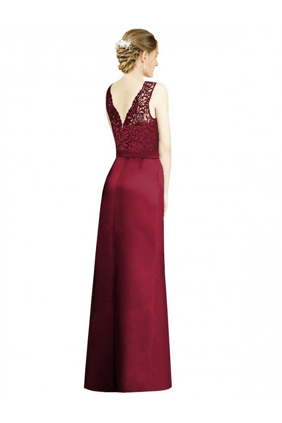 Outlet Full Length Sleeveless Satin Bridesmaid Dress with Lace Bodice