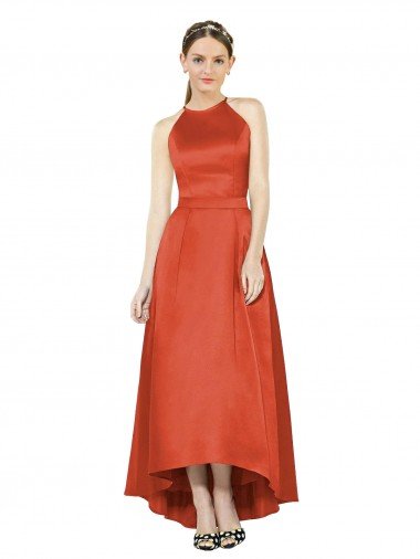 Outlet Full Length Halter Satin Bridesmaid Dress with Hi-Low Hem Detail