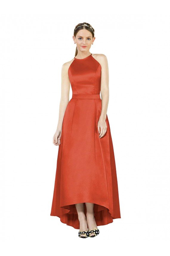 Outlet Full Length Halter Satin Bridesmaid Dress with Hi-Low Hem Detail