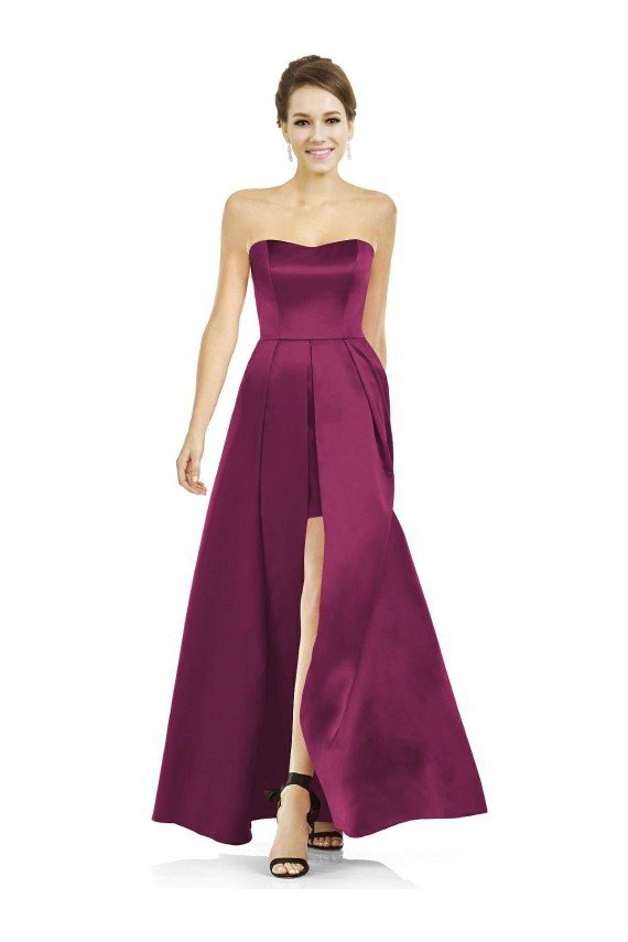 Outlet Full Length Strapless Long Satin Bridesmaid Dress with Sweetheart Neckline