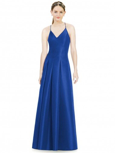Outlet Full Pleated V-Neck Long Satin Bridesmaid Dress with Criss Cross Open Back
