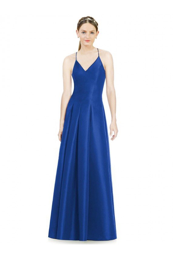 Outlet Full Pleated V-Neck Long Satin Bridesmaid Dress with Criss Cross Open Back