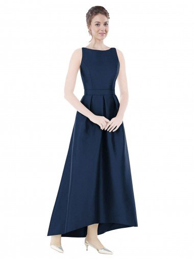 Outlet Full Length Sleeveless Long Satin Bridesmaid Dress with High Low Hem Detail