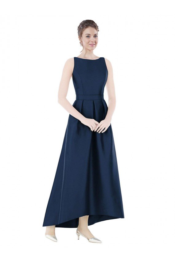 Outlet Full Length Sleeveless Long Satin Bridesmaid Dress with High Low Hem Detail