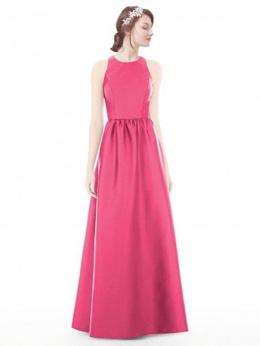 Outlet Jewel Neck Keyhole Back Sleek Long Satin Bridesmaid Dress