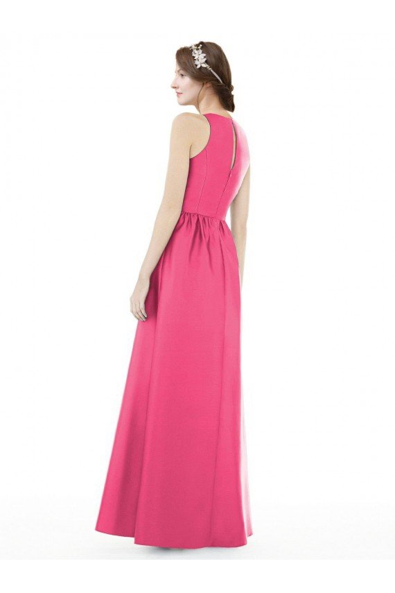 Outlet Jewel Neck Keyhole Back Sleek Long Satin Bridesmaid Dress