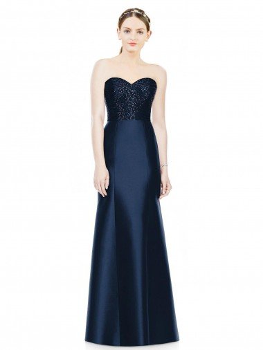 Outlet Full Length Strapless Satin Bridesmaid Dress with Lace Sweetheart Neckline
