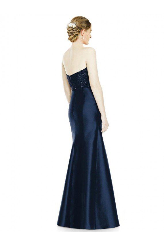 Outlet Full Length Strapless Satin Bridesmaid Dress with Lace Sweetheart Neckline