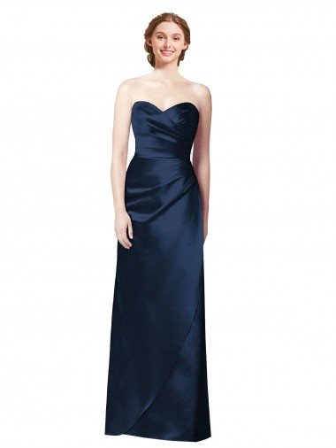 Outlet Faux Wrap A-Line Long Satin Bridesmaid Dress with Draped Bodice