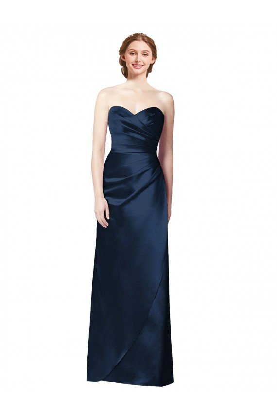 Outlet Faux Wrap A-Line Long Satin Bridesmaid Dress with Draped Bodice