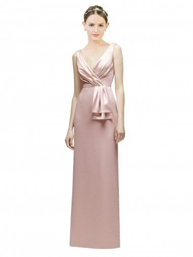 Outlet Sleeveless V-Neck Long Satin Bridesmaid Dress with Draped Bodice and Tiered Bow