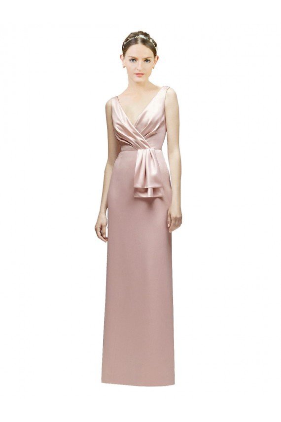 Outlet Sleeveless V-Neck Long Satin Bridesmaid Dress with Draped Bodice and Tiered Bow