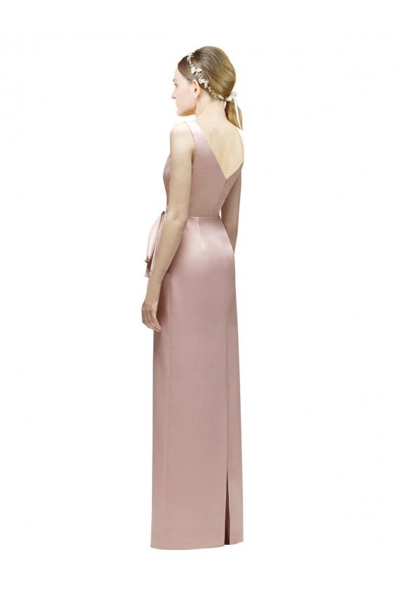 Outlet Sleeveless V-Neck Long Satin Bridesmaid Dress with Draped Bodice and Tiered Bow