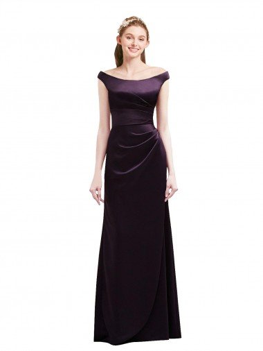 Outlet Off The Shoulder Long Satin Bridesmaid Dress with Asymmetrical Pleated Bodice