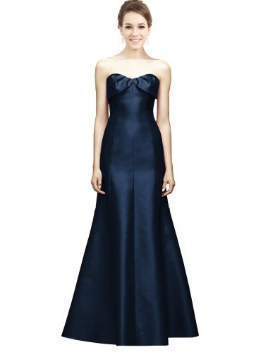 Outlet Long Strapless Satin Bridesmaid Dress with Pleated Cuff Neckline
