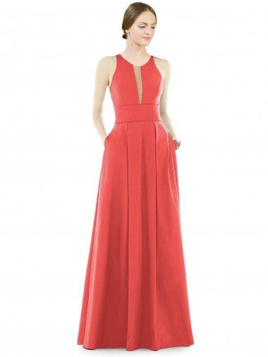 Outlet Sheer V-Neck Tulle Illusion Long Satin Bridesmaid Dress