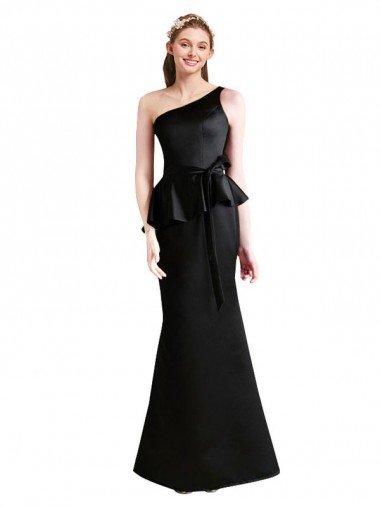 Outlet Long One Shoulder Satin Bridesmaid Dress with Bow Ties