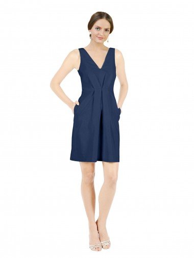 Outlet Deep V-Neck Short Knee Length Satin Cocktail Bridesmaid Dress with Slimming Pleats