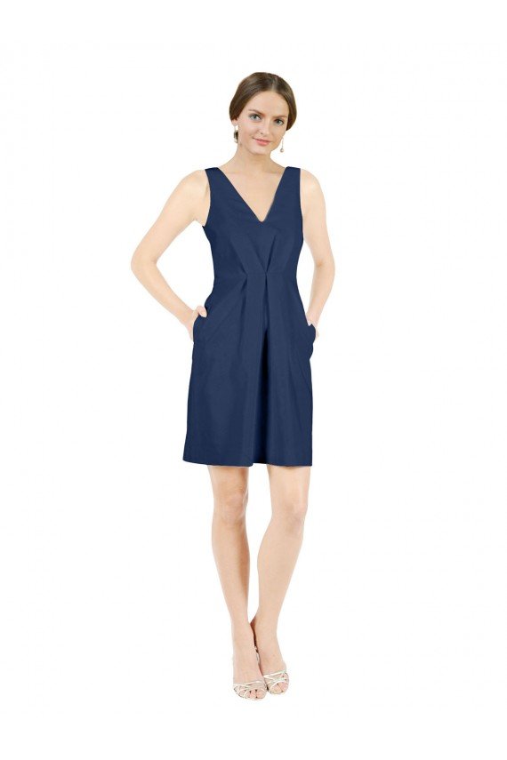Outlet Deep V-Neck Short Knee Length Satin Cocktail Bridesmaid Dress with Slimming Pleats