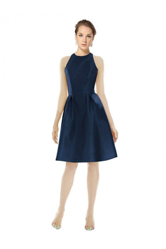 Outlet Short Halter Cocktail Length Luxe Satin Cocktail Bridesmaid Dress