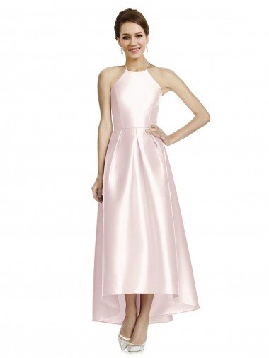 Outlet Long High-Low Halter Satin Bridesmaid Dress with Criss-Cross Back