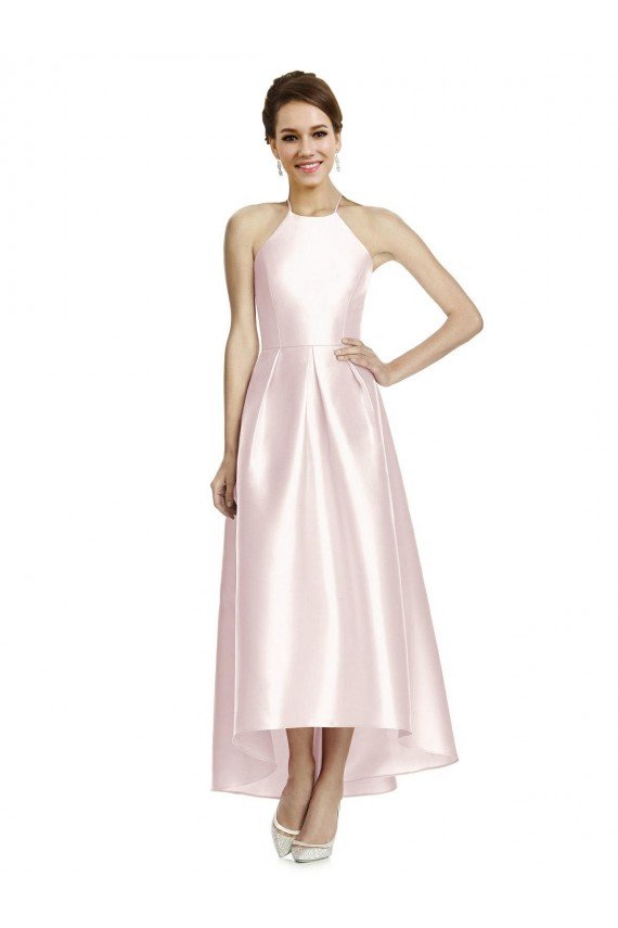 Outlet Long High-Low Halter Satin Bridesmaid Dress with Criss-Cross Back