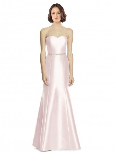 Outlet Long Sweetheart Satin Bridesmaid Dress with Slim Beaded Sash