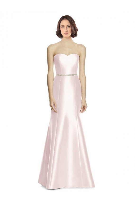 Outlet Long Sweetheart Satin Bridesmaid Dress with Slim Beaded Sash