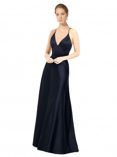 Outlet Sexy Satin Bridesmaids Dress with Deep V-Neckline and Strappy Back