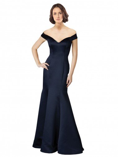 Outlet Fit and Flare Satin Bridesmaid Dress / Prom Dress with Off the Shoulder Neckline