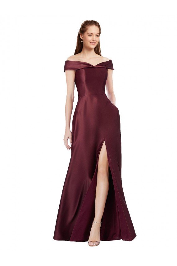 Outlet Long Off the Shoulder Formal Satin Bridesmaid Dress / Prom Dress with Thigh-high Slit