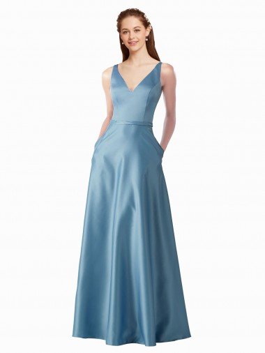 Outlet Classic Satin V-Neck A-Line Bridesmaids Dress with Pockets