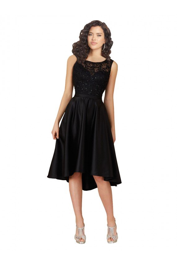 Outlet Short High Low Satin Cocktail Bridesmaid Dress with a Beaded and Embroidered Bodice