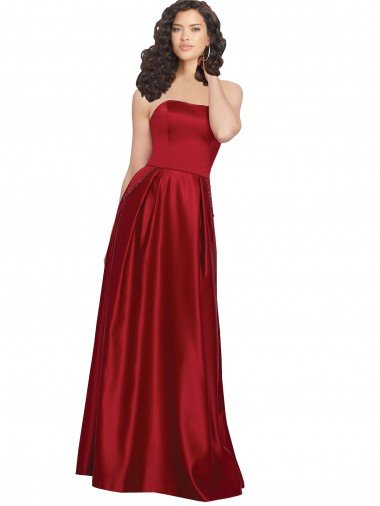 Outlet Strapless Satin Bridesmaids Dress with Beaded Pocket and Soft Pleating