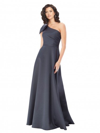 Outlet Rouched One Shoulder Floor Length Formal Satin Bridesmaid Dress / Prom Dress with Bow