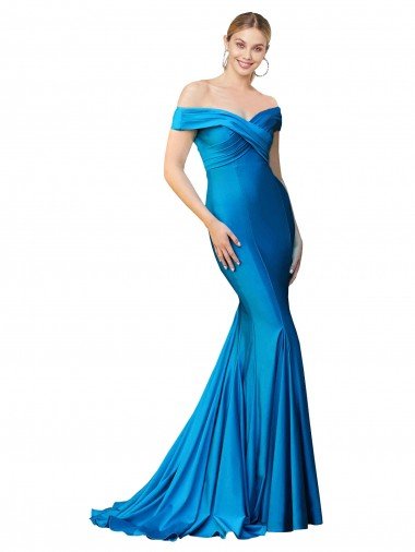 Outlet Off the Shoulder Long Chapel Train Formal Satin Bridesmaid Dress / Prom Dress