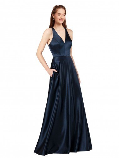 Outlet Long Formal Satin Bridesmaid Gown with Halter Neckline